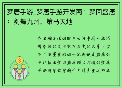 梦唐手游_梦唐手游开发商：梦回盛唐：剑舞九州，策马天地